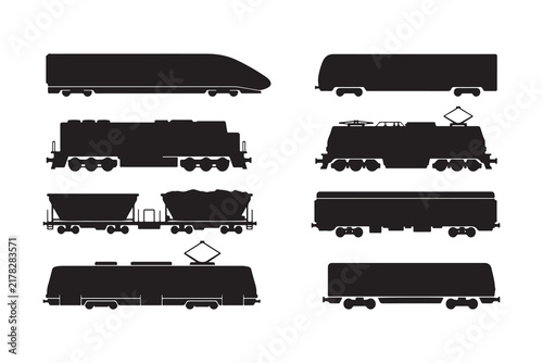 Set of various train silhouettes including highspeed trains, locomotives, and freight wagons for railway transport design