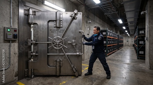 Man opens large vault door inside a secure bank storage facility.