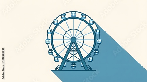 Minimalist Blue Ferris Wheel Graphic with Long Shadow for Carnival and Fairground Amusement Park Illustration Theme