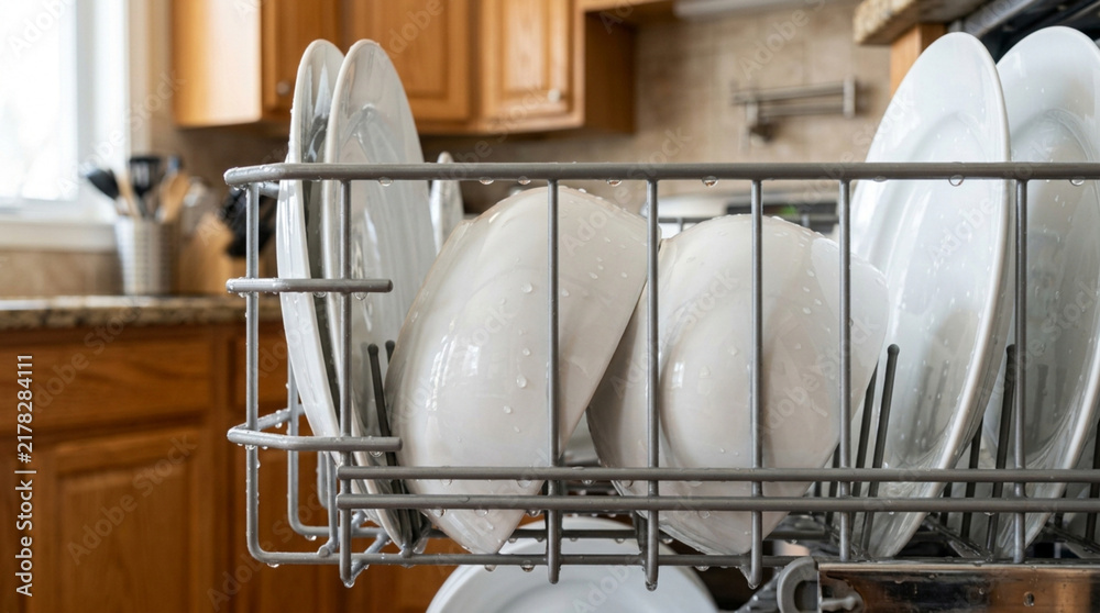 Fototapeta premium Clean Dishes in Dishwasher Rack with Water Droplets