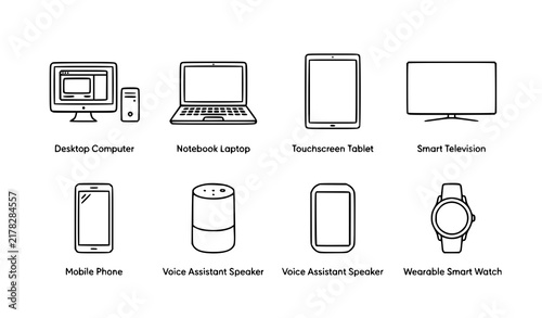 Smart Electronic Devices Linear Outline Icons Grid Vector Set