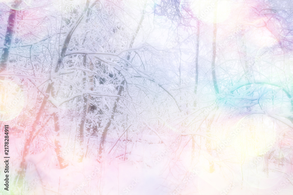 Fototapeta premium Winter background, bokeh landscape with sun glints, abstract design.