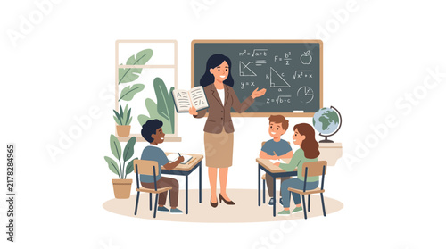 Female teacher reading book to students in classroom setting.