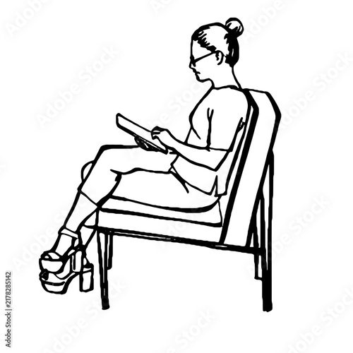Modern line art depiction of a stylish woman sitting comfortably in an armchair working or browsing on a tablet.