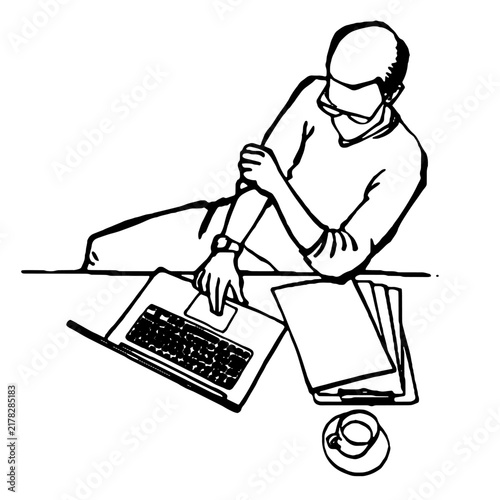 Top view line art illustration of a young man with glasses working on a laptop near paperwork and coffee.