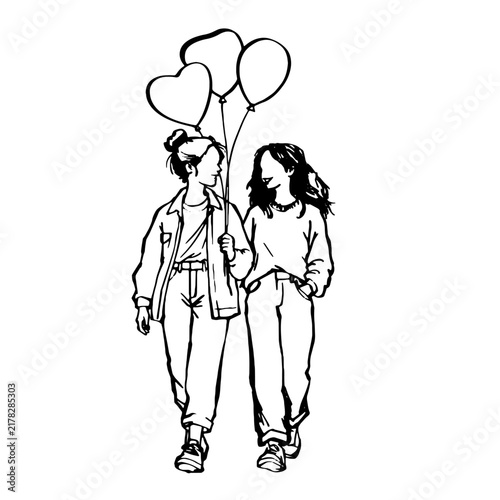 Sweet line art drawing of two young female friends walking together holding heart-shaped balloons celebrating friendship and love.