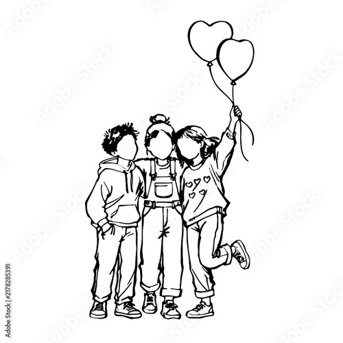 Group line art illustration of three young friends standing together happily while one holds heart balloons in the air.