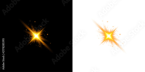 Bright golden glowing star light effect isolated on transparent background