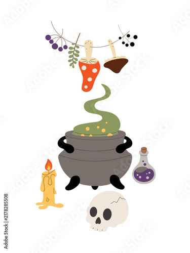 Cute Halloween illustration with a bubbling witch cauldron, spooky potion ingredients, skull, candle, and magical decorations.