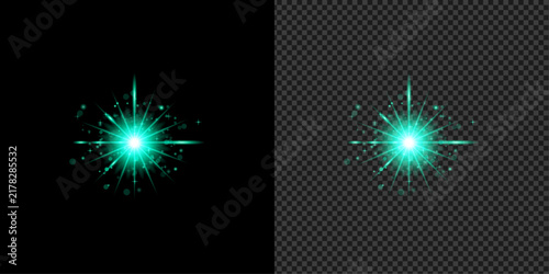 Bright glowing green star explosion effect isolated on transparent background