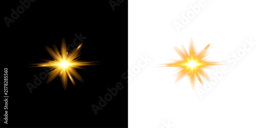 Bright golden star light effect with glowing rays isolated on transparent background