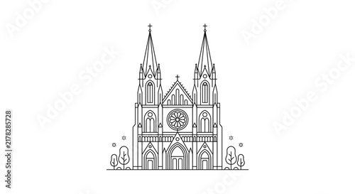 Fine line drawing of twin spire cathedral.