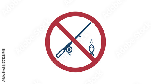 Fishing prohibited warning sign with rod and fish icon.