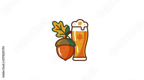 Flat autumn icon of acorn and beer glass