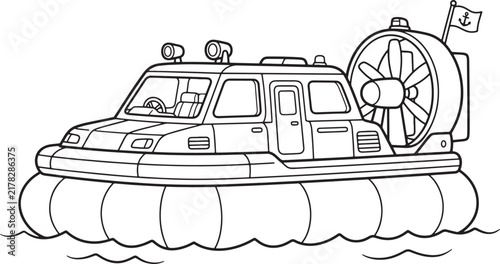 Bild auf Leinwand Black and white line coloring page of an amphibious hovercraft vehicle floating