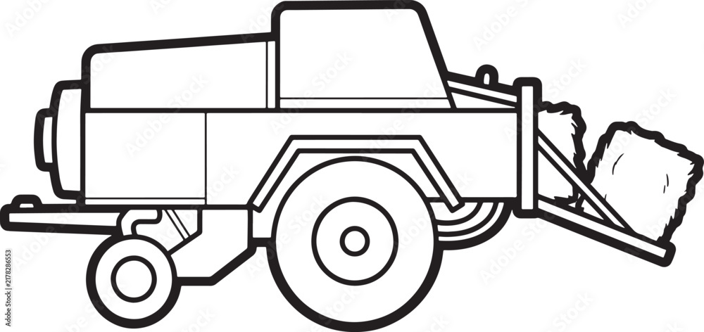 Fototapeta premium Black and white coloring page of a farm agricultural baler machine producing rectangular hay bales in the field also transparent background