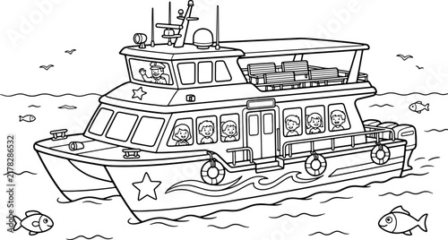 Black and white coloring page of a tourist catamaran boat filled with happy children and captain sailing on the sea also transparent background