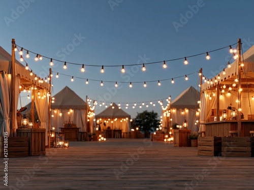 Outdoor Market Street Decorated with String Lights
