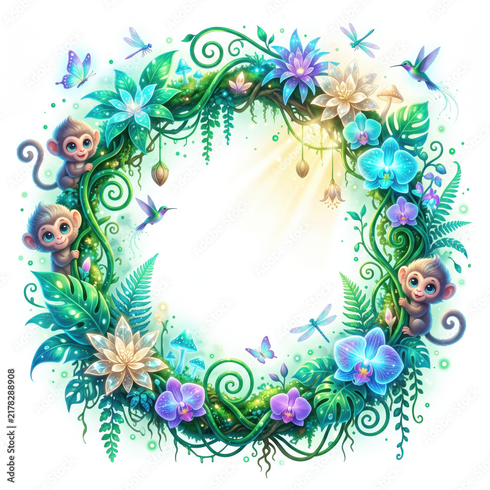 Fototapeta premium Magical circular jungle frame with cute monkeys glowing flowers and hummingbirds isolated on white background