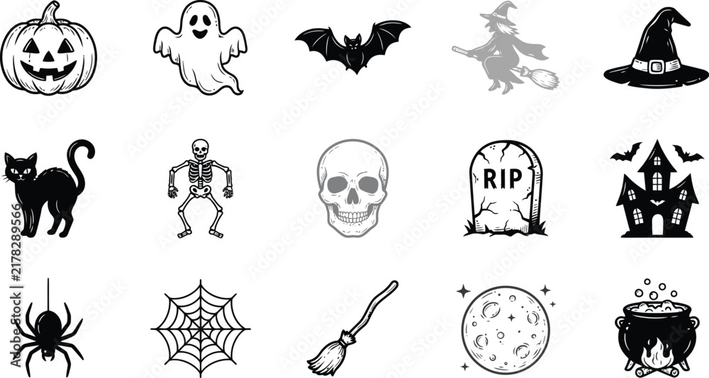 Fototapeta premium Halloween Icons Set - Spooky Symbols Vector Illustrations for Design Projects