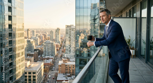 Businessman Walking on City Street Among Skyscrapers and Modern Buildings, Urban Business Lifestyle, Professional Career and Success in a Contemporary Corporate Environment