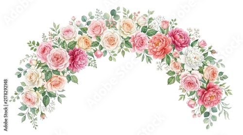 Watercolor floral arch with roses isolated on white