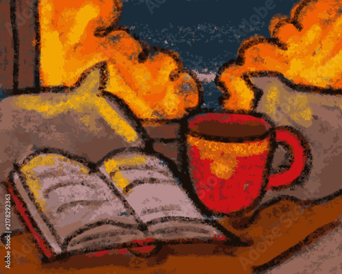 Autumn cozy window open book red mug hand drawn oil pastel crayon style still life illustration. Open book warm red tea coffee mug pillows windowsill view golden autumn trees textured oil pastel crayo