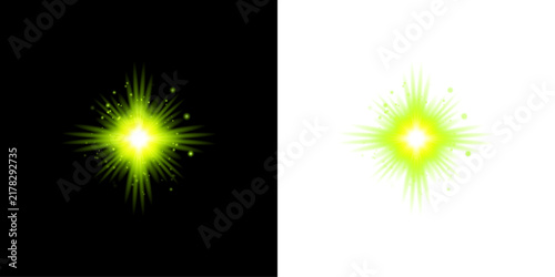 Bright glowing yellow star light flare effect isolated on transparent background
