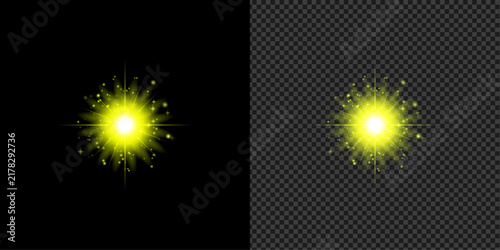 Bright glowing yellow starburst light effect isolated on transparent background