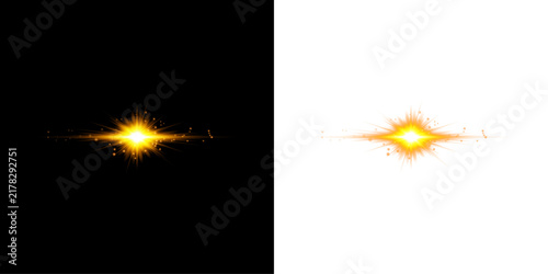 Bright glowing golden star light flare effect isolated on transparent background
