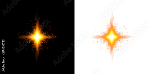 Bright glowing four pointed star light effect isolated on transparent background