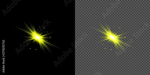 Bright yellow glowing star burst light effect isolated on transparent background
