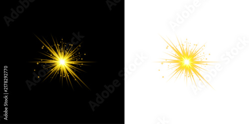 Bright glowing yellow star burst light effect isolated on transparent background