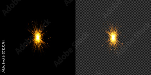 Bright glowing golden light spark effect isolated on transparent background