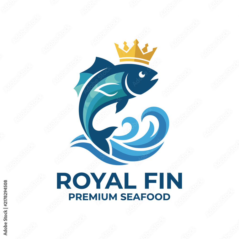 Obraz premium This logo represents Royal Fin, showcasing a regal fish crowned with a golden crown, symbolizing high quality and premium seafood offerings in a visually appealing way.