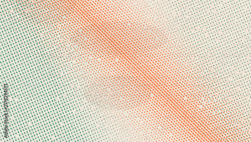 Risograph halftone duotone background in burnt orange and forest green with oval dot banded fade on textured cream paper