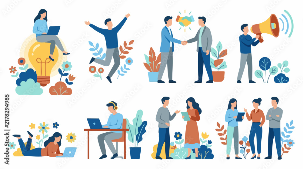 Fototapeta premium Business concepts set: creativity, teamwork, communication, and remote work