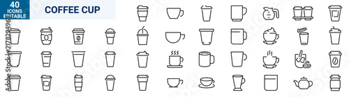 Set of 40 outline icons related to Coffee cup. Linear icon collection. Editable stroke. Vector illustration