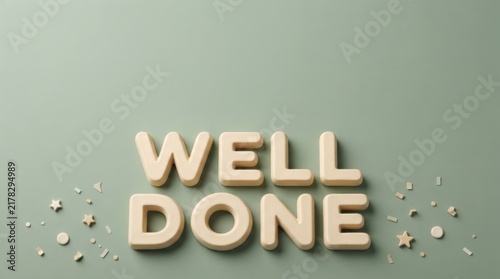 Well done 3d text sign with confetti on a soft green gradient background