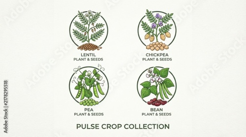 Set of pulse plant and seed illustrations with lentils and chickpeas
