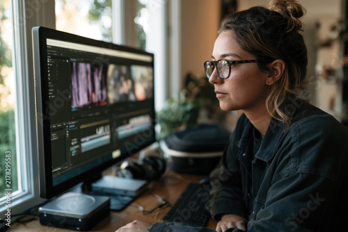 A focused young woman wearing glasses is engaged in digital video editing on her desktop computer, showcasing creativity and concentration in a well-lit environment.