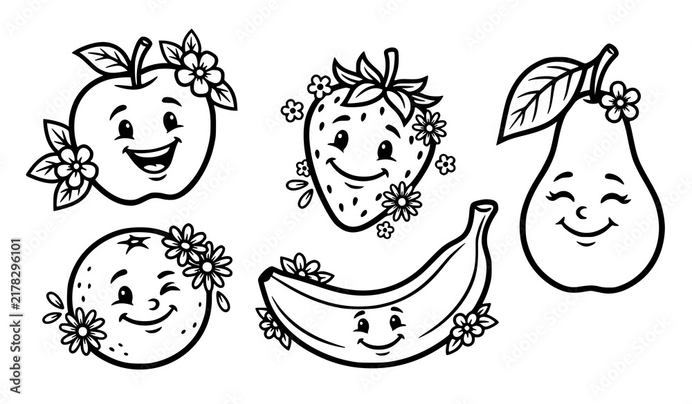 Fototapeta premium Cute Smiling Fruit and Flowers Black and White Cartoon Vector Set