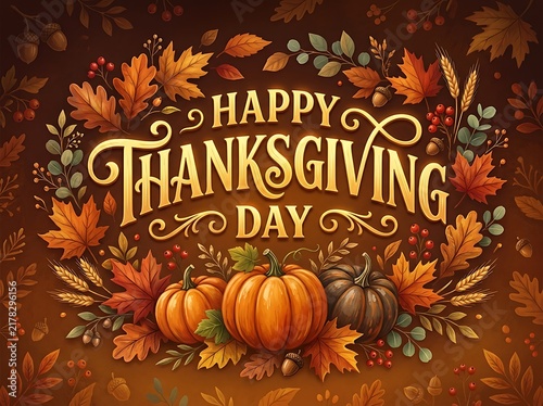 Happy Thanksgiving Day decorative illustration with autumn pumpkins and leaves