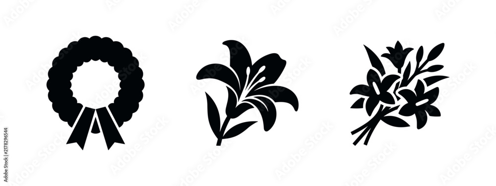 Obraz premium Funeral and Memorial Flowers Icon Set. Wreath, lily, and bouquet silhouettes symbolizing remembrance and loss.