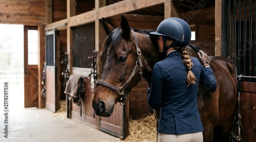 Young female equestrian wearing blue riding gear gently hugs her beautiful brown horse inside a rustic wooden stable during daylight