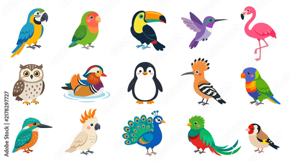 Fototapeta premium Colorful Cartoon Birds Collection: Parrot, Toucan, Flamingo, Owl, Penguin & More