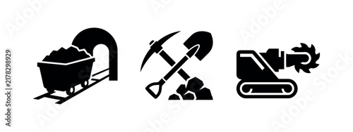 Obraz na plátně Set of mining industry icons including mine cart tools and machinery