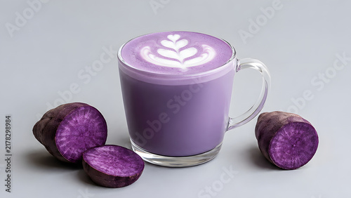 Ube milk drink with purple sweet potato, latte art. Asian beverage, healthy drink, cafe menu, food and drink concept.