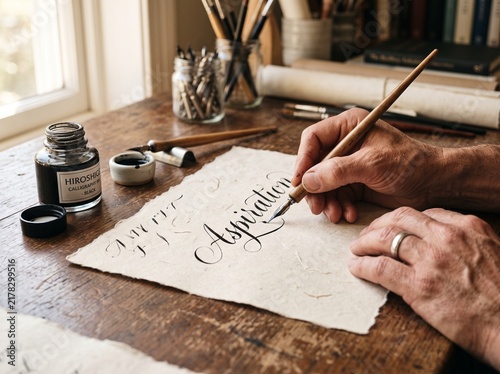 Calligrapher writing the word aspiration with a vintage dip pen and ink on textured paper at a wooden desk