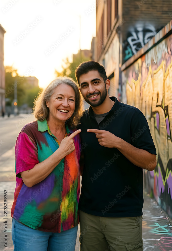 Naklejka premium Inclusion and diversity, happy senior woman and young man pointing at each other in urban street setting with graffiti wall and warm sunset lighting